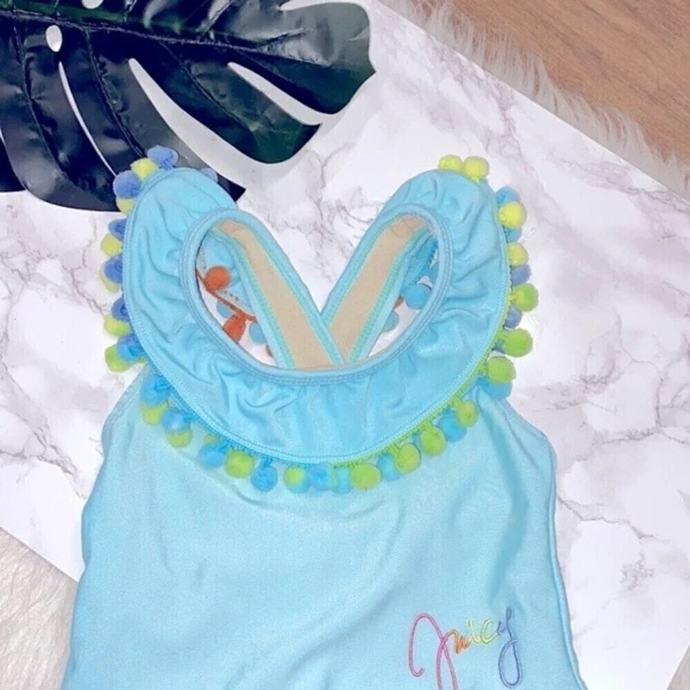 Juicy Couture Pom Pom one piece blue swimsuit size 2T